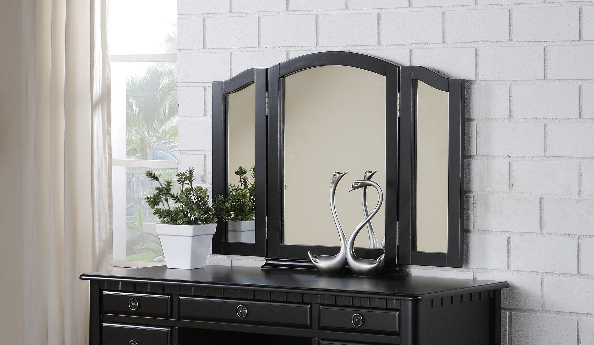 Bedroom Contemporary Vanity Set w Foldable Mirror Stool Drawers Black Color