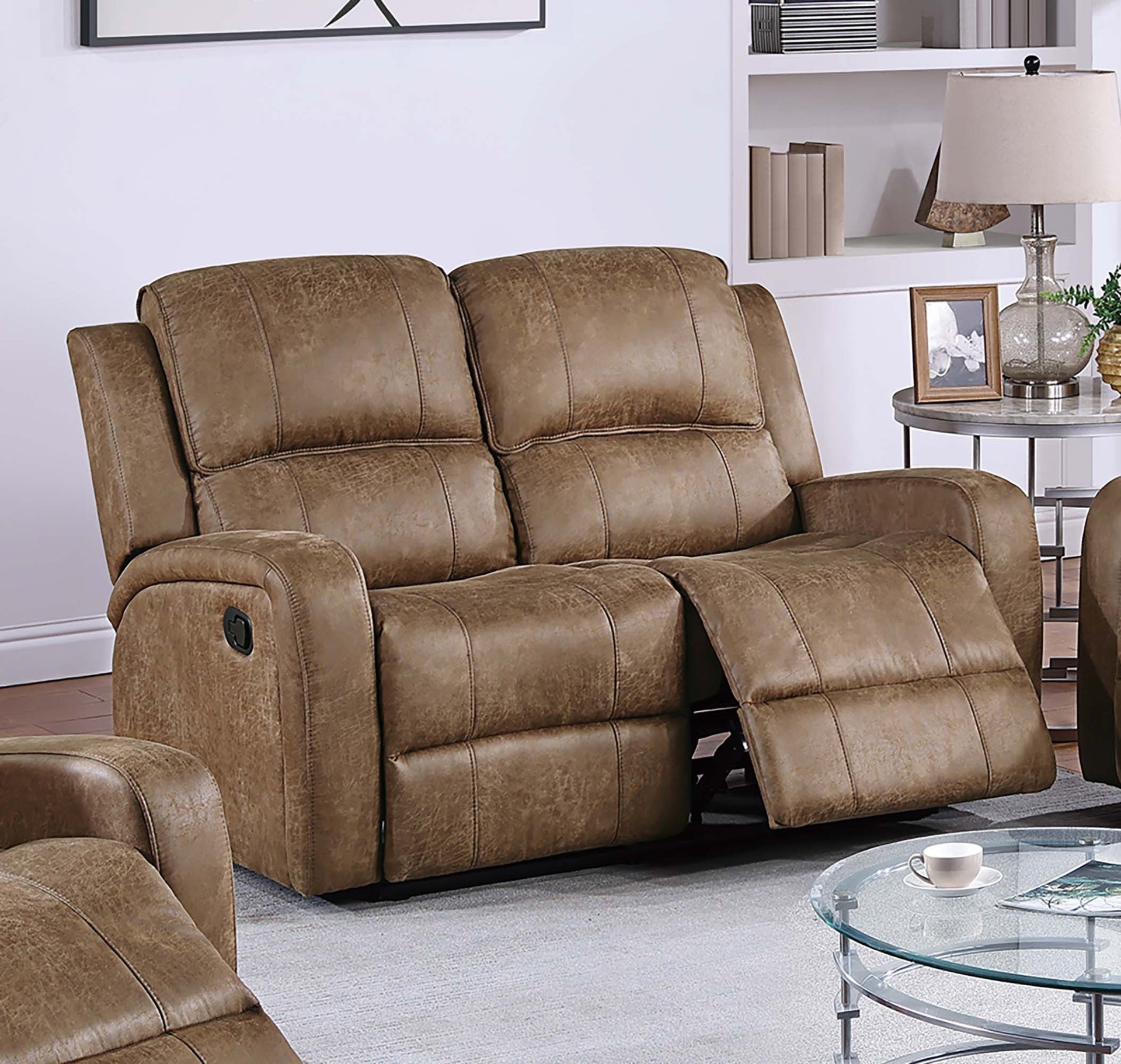 Modern 2pc Living Room Set 1x Loveseat 1x Recliner Square Armrest Cushion Backrest Light Vertical Tufting Chestnut Finish Primary Living Room Furniture