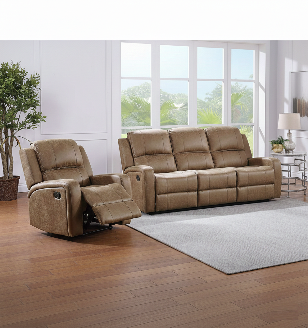 Modern 2pc Living Room Set 1x Sofa 1x Recliner Horizontal And Light Vertical Tufting Cushion Backrest Square Armrest Chestnut Finish Primary Living Room Furniture
