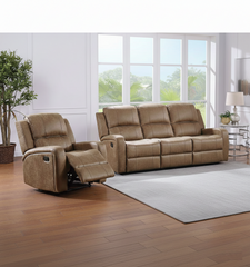 Modern 2pc Living Room Set 1x Sofa 1x Recliner Horizontal And Light Vertical Tufting Cushion Backrest Square Armrest Chestnut Finish Primary Living Room Furniture