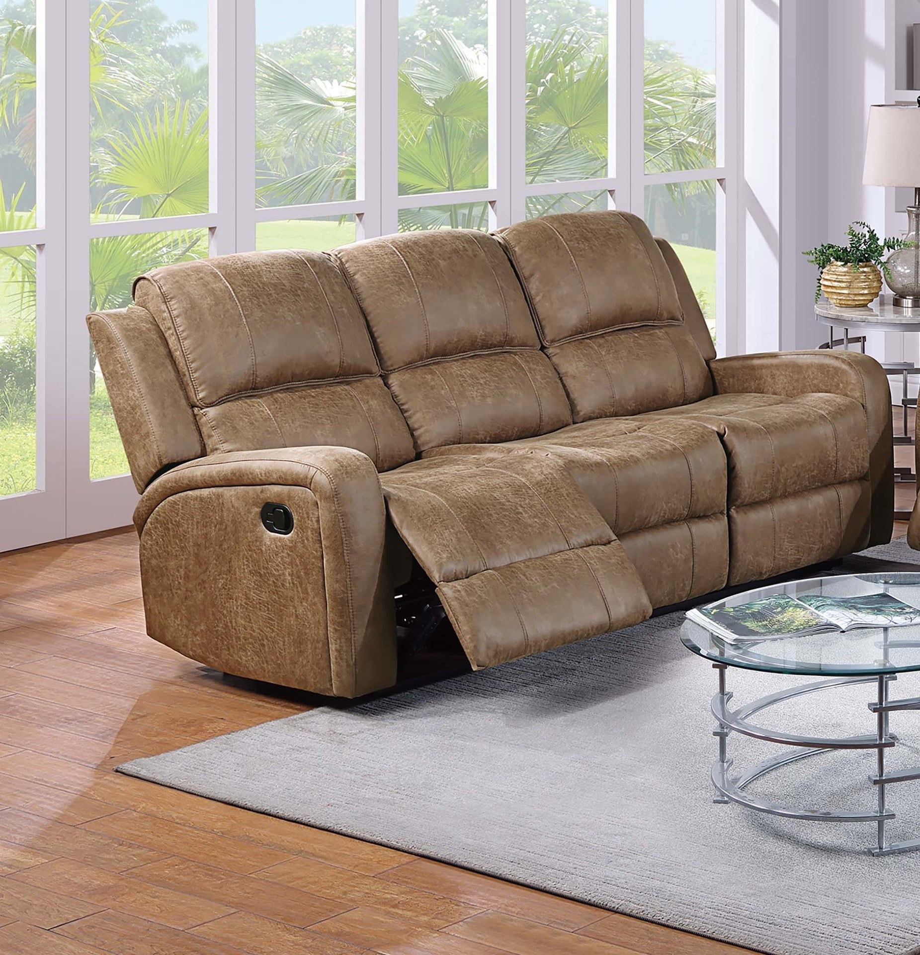 Modern 2pc Living Room Set 1x Sofa 1x Recliner Horizontal And Light Vertical Tufting Cushion Backrest Square Armrest Chestnut Finish Primary Living Room Furniture