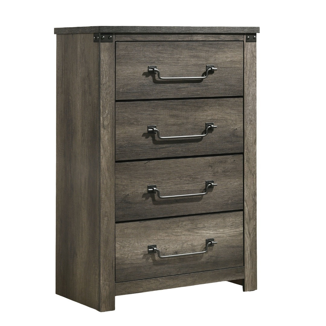 Rustic Style Farmhouse Look 1pc Chest Drop Handles Antique Brass Color Four English Dovetail Drawers Center Metal Glides Rustic Gray Finish
