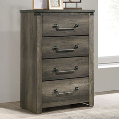 Rustic Style Farmhouse Look 1pc Chest Drop Handles Antique Brass Color Four English Dovetail Drawers Center Metal Glides Rustic Gray Finish