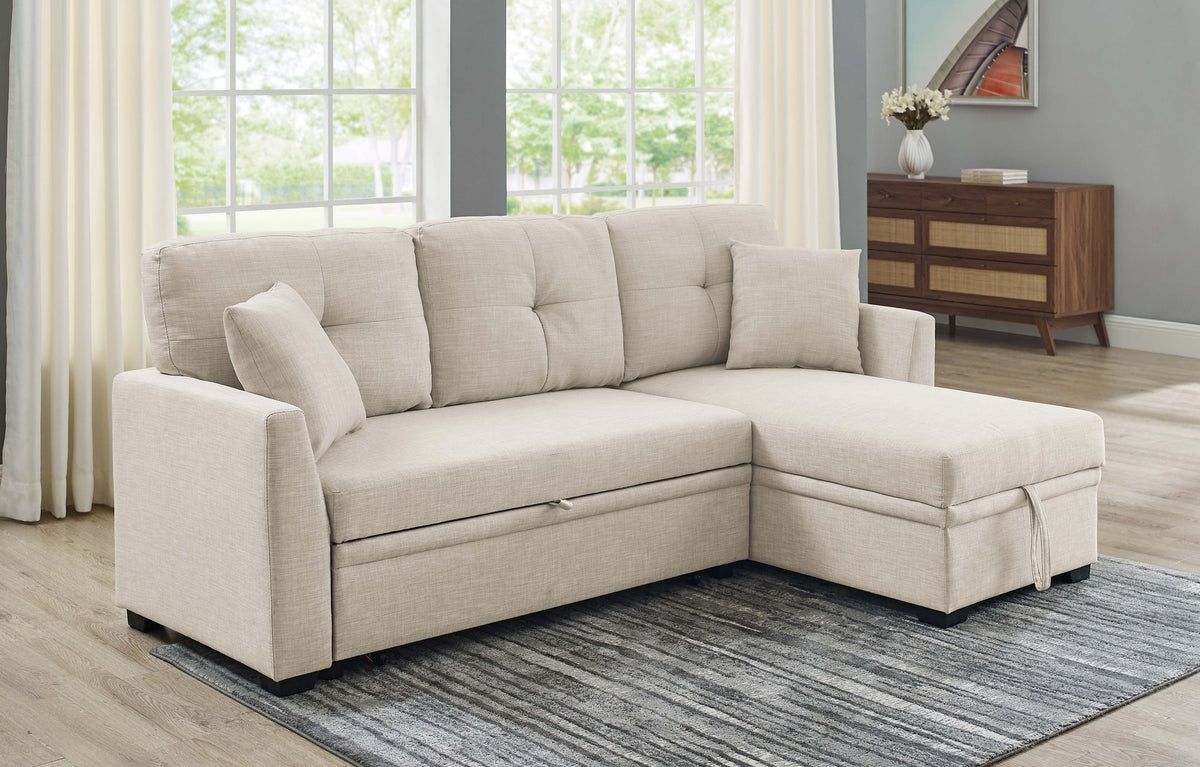 76.5" Linen Blend Upholstered Sectional with Pull-Out Bed and Chaise Storage