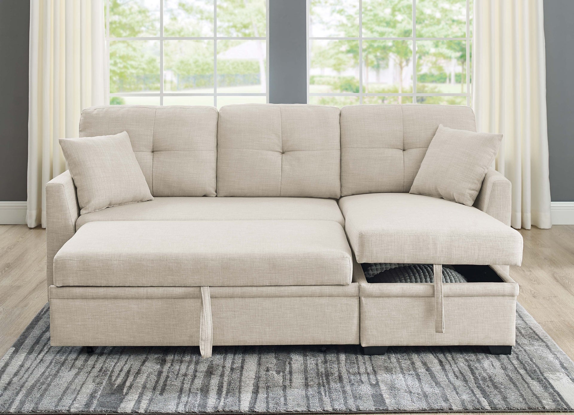 76.5" Linen Blend Upholstered Sectional with Pull-Out Bed and Chaise Storage