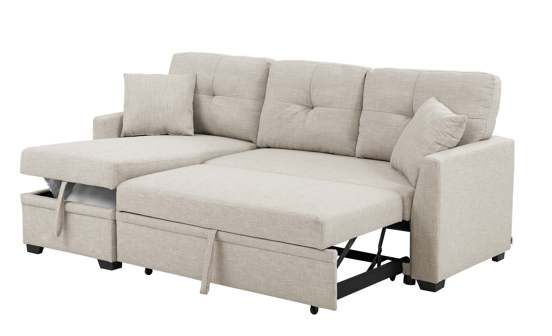 76.5" Linen Blend Upholstered Sectional with Pull-Out Bed and Chaise Storage