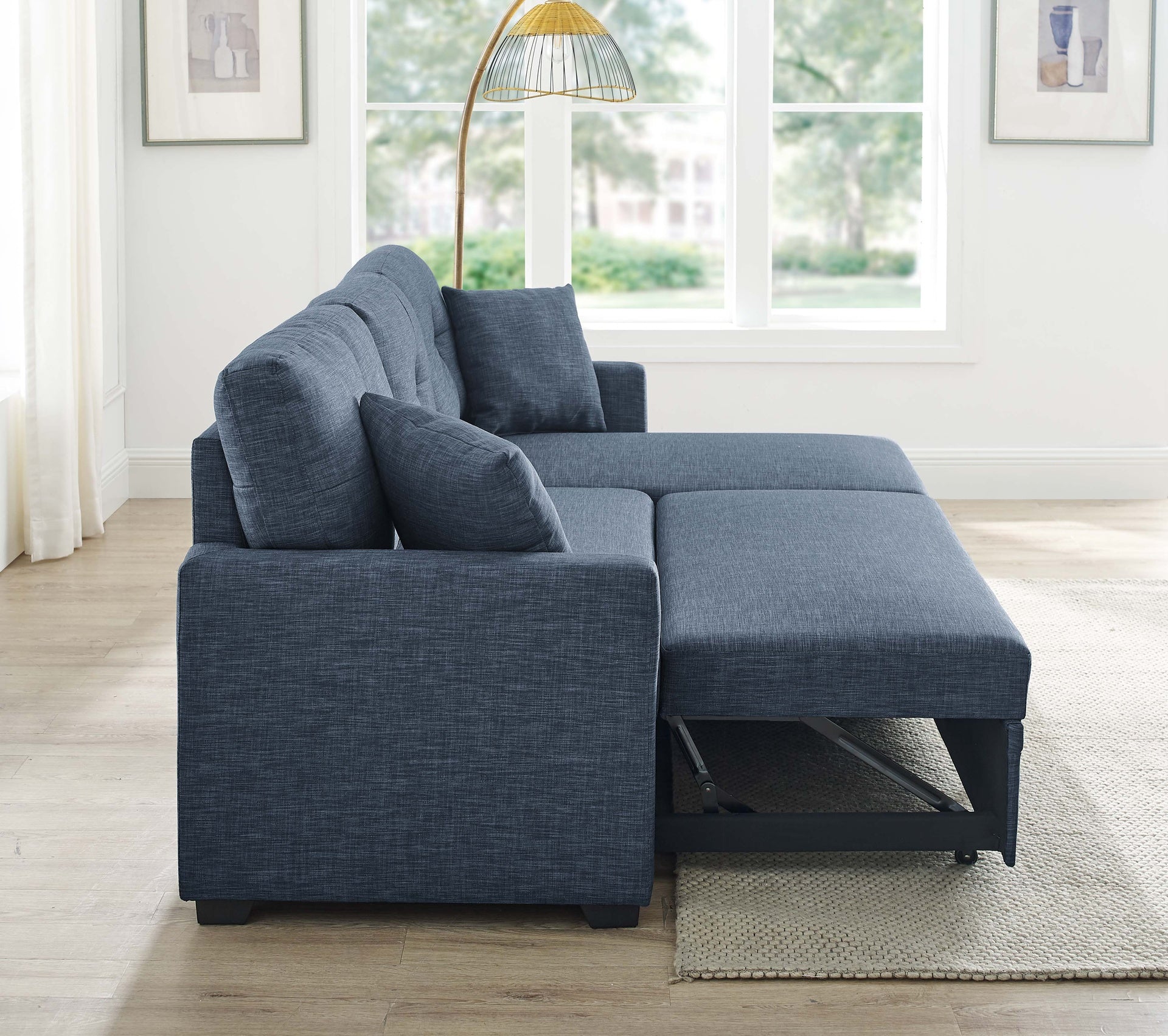 76.5" Linen Blend Upholstered Sectional with Pull-Out Bed and Chaise Storage