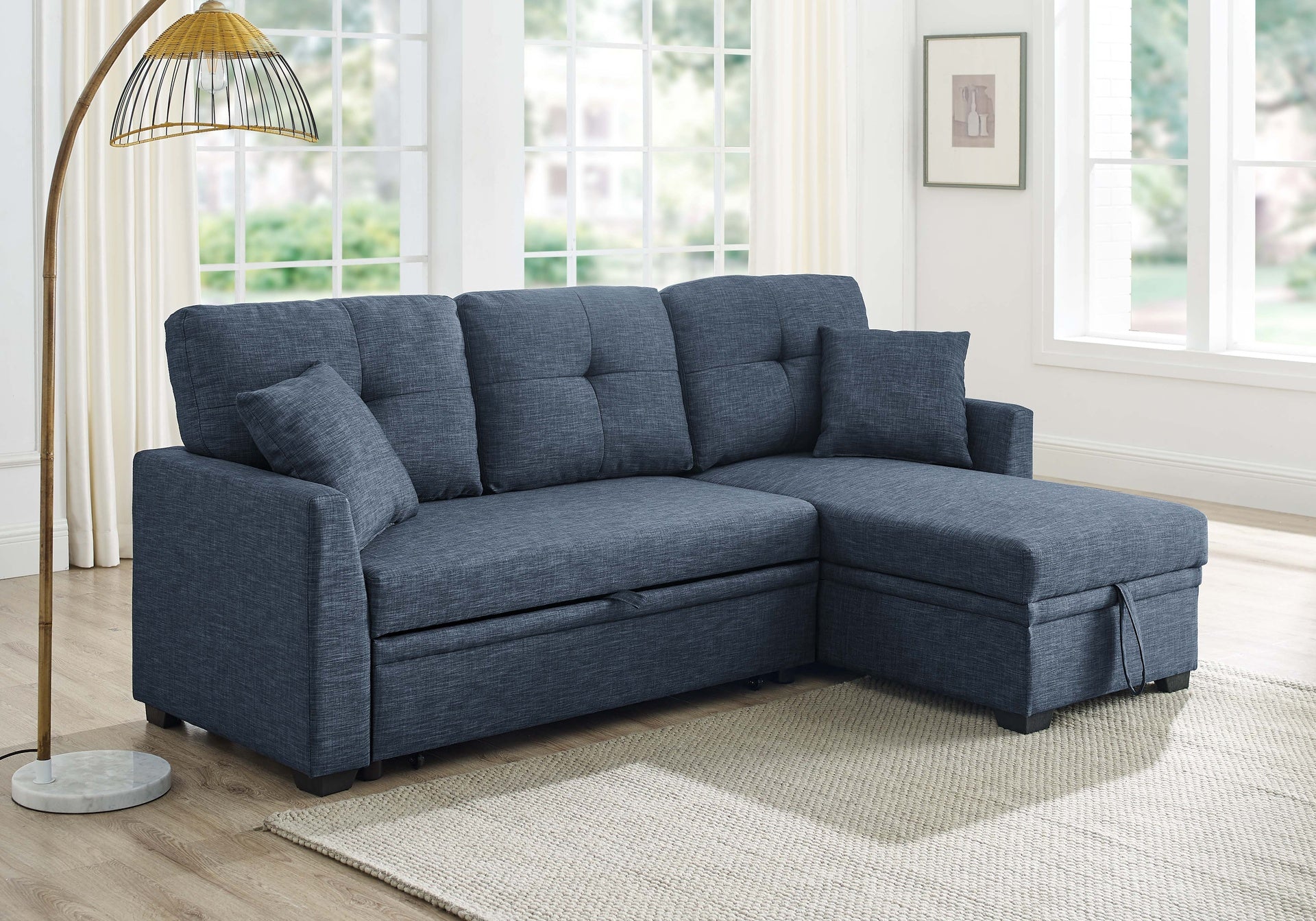 76.5" Linen Blend Upholstered Sectional with Pull-Out Bed and Chaise Storage