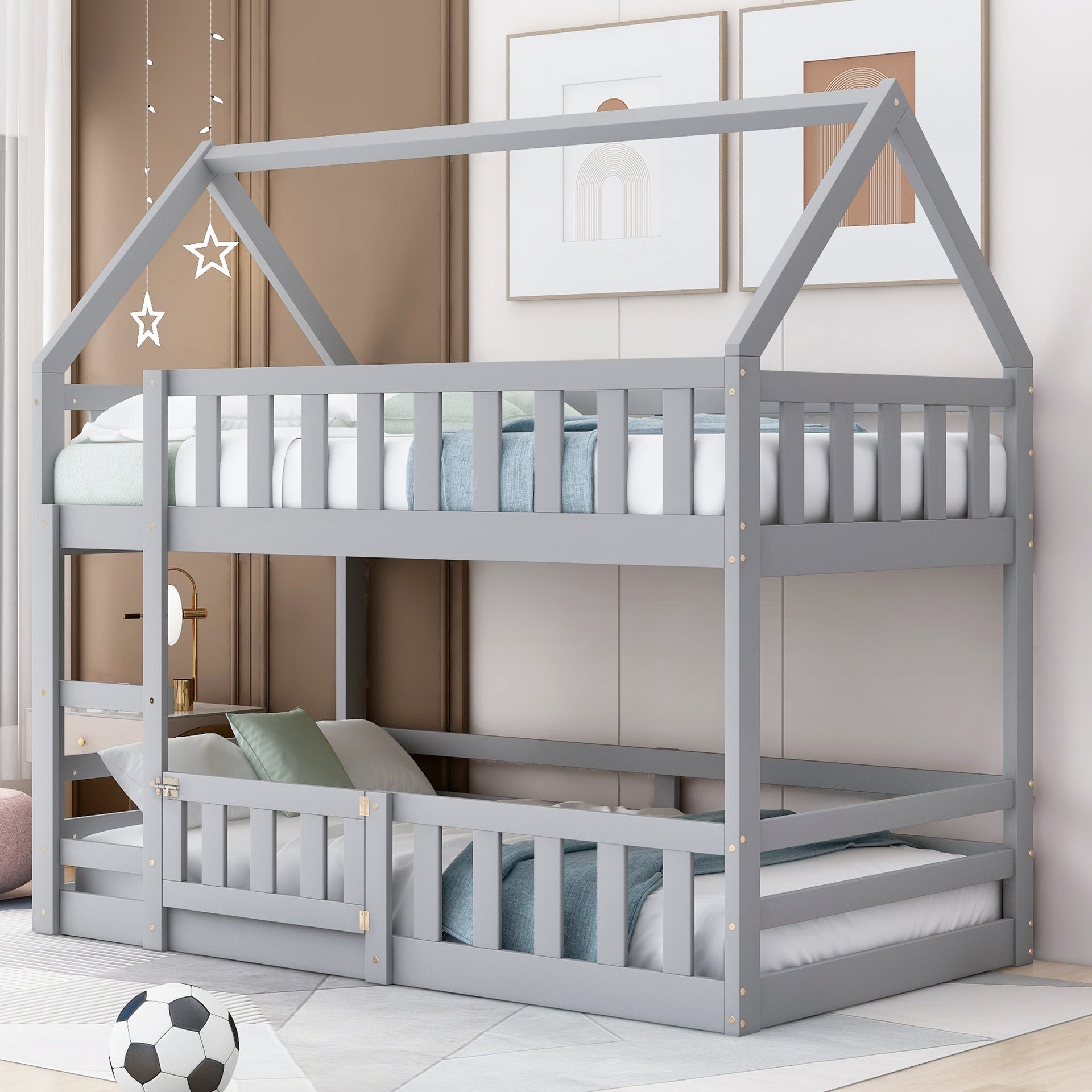 Twin over Twin House Bunk Bed with Fence and Door, Gray(Old SKU:WF313047AAE)