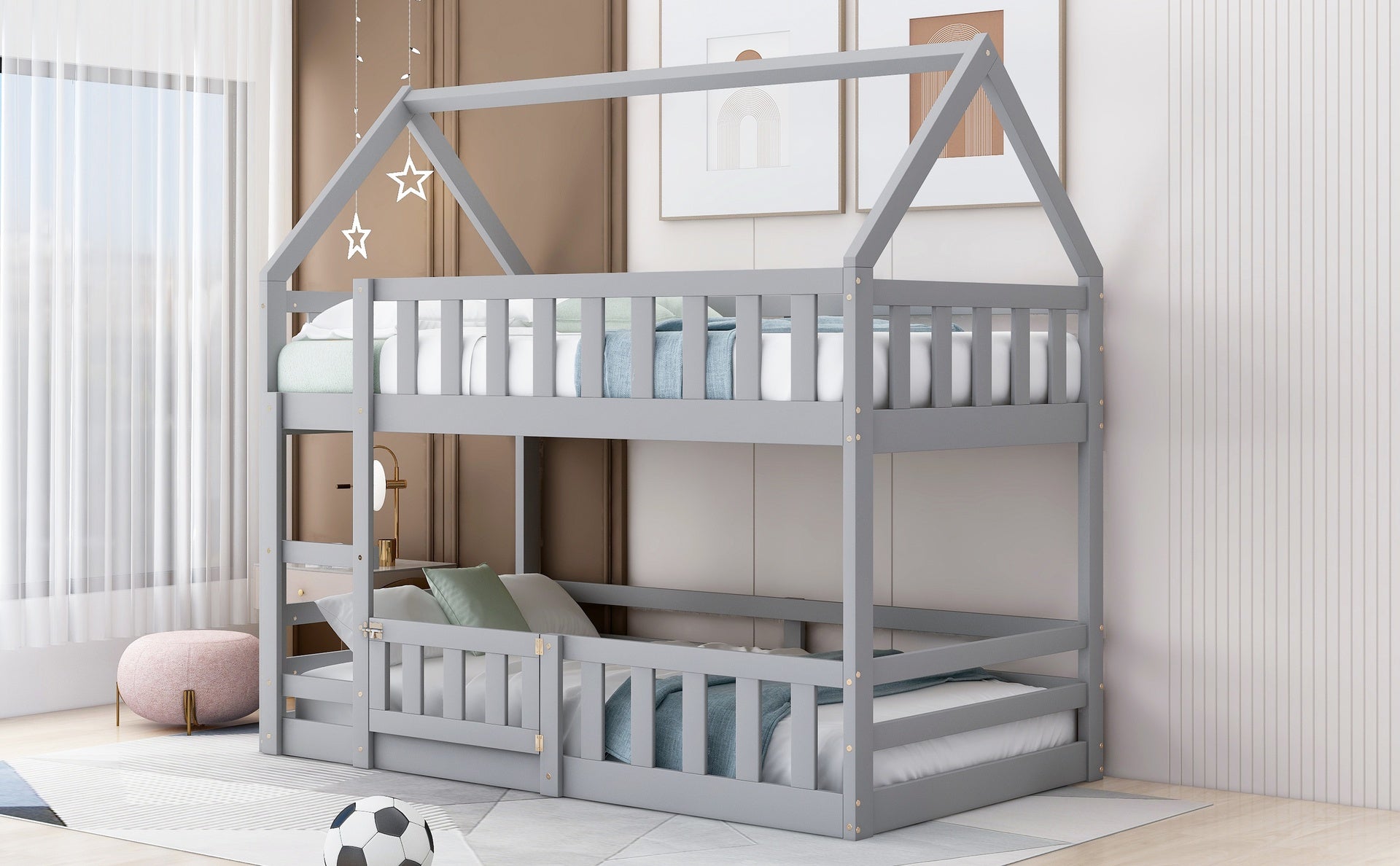 Twin over Twin House Bunk Bed with Fence and Door, Gray(Old SKU:WF313047AAE)
