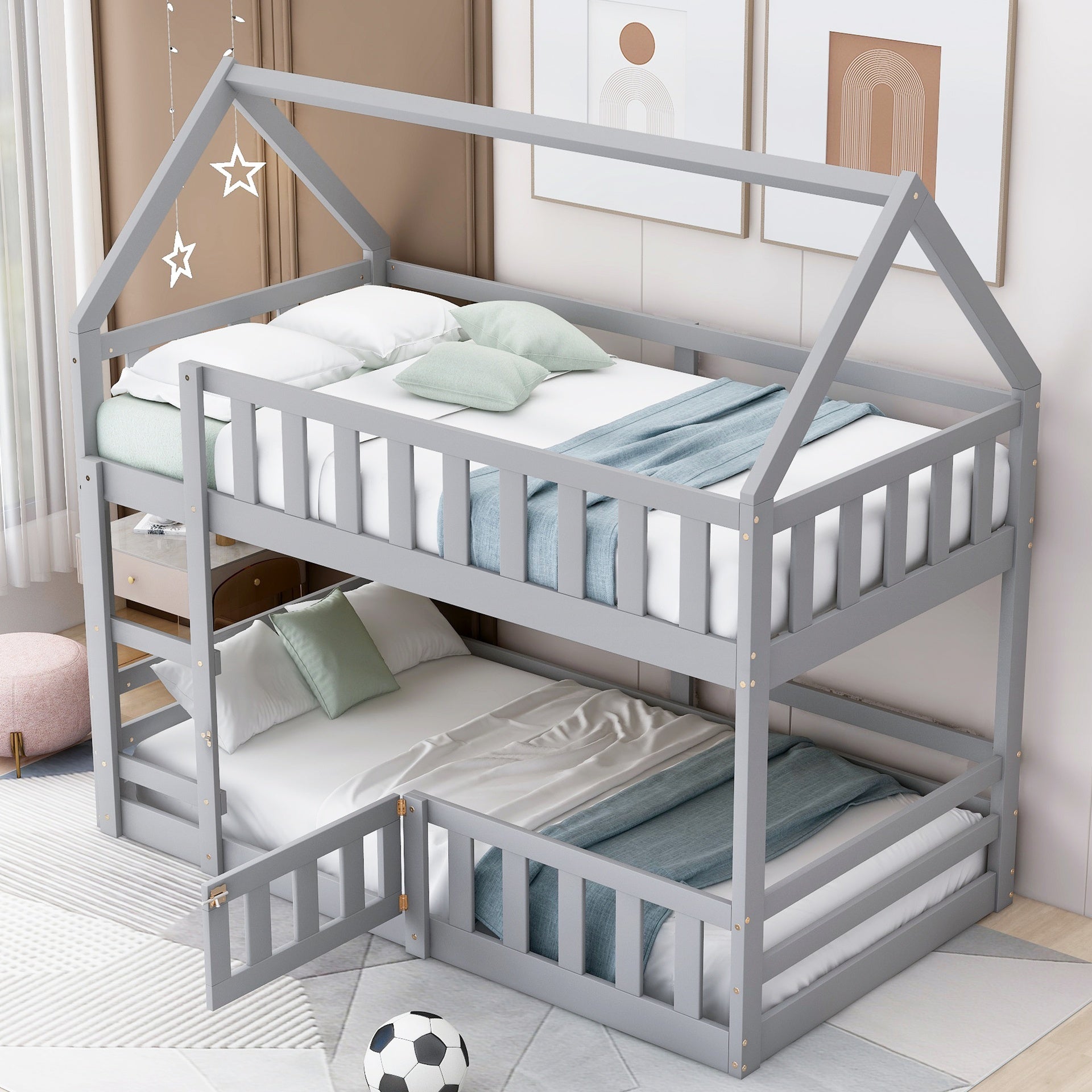 Twin over Twin House Bunk Bed with Fence and Door, Gray(Old SKU:WF313047AAE)