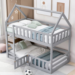 Twin over Twin House Bunk Bed with Fence and Door, Gray(Old SKU:WF313047AAE)