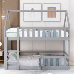 Twin over Twin House Bunk Bed with Fence and Door, Gray(Old SKU:WF313047AAE)