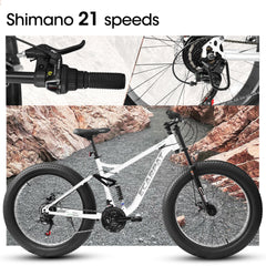 A26309 26 inch Mountain Bike,Full-Suspension 21 Speeds Drivetrain with Disc-Brake MTB Bicycle, 26*4" Fat tire Bike for Men
