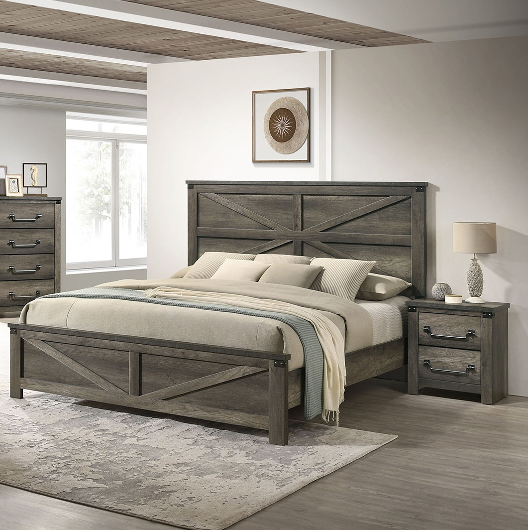 Rustic Gray 3pc Set Queen Size Bed 2x Nightstands Unique Design Headboard Bedroom Furniture Metal Accents