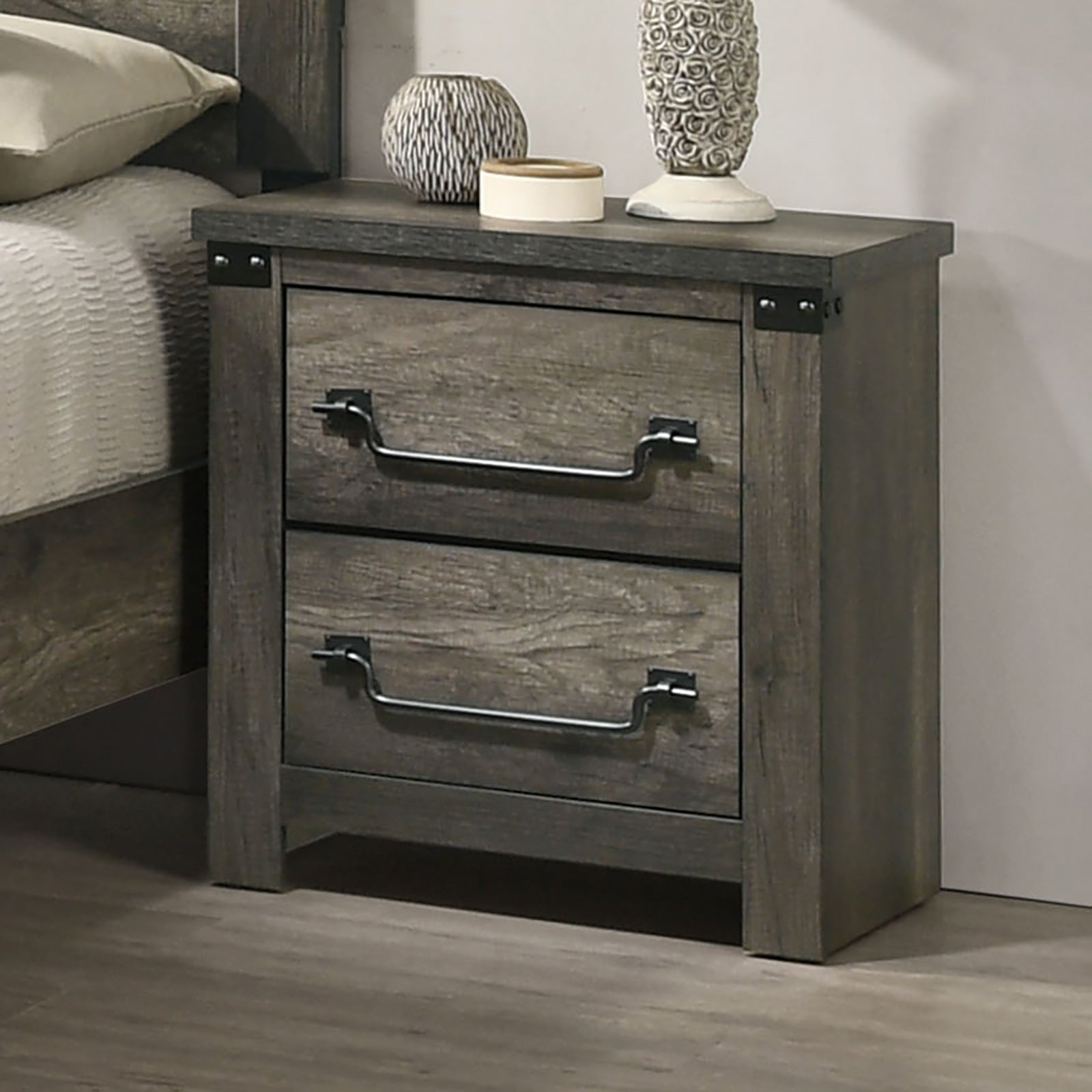 Rustic Gray 3pc Set Queen Size Bed 2x Nightstands Unique Design Headboard Bedroom Furniture Metal Accents