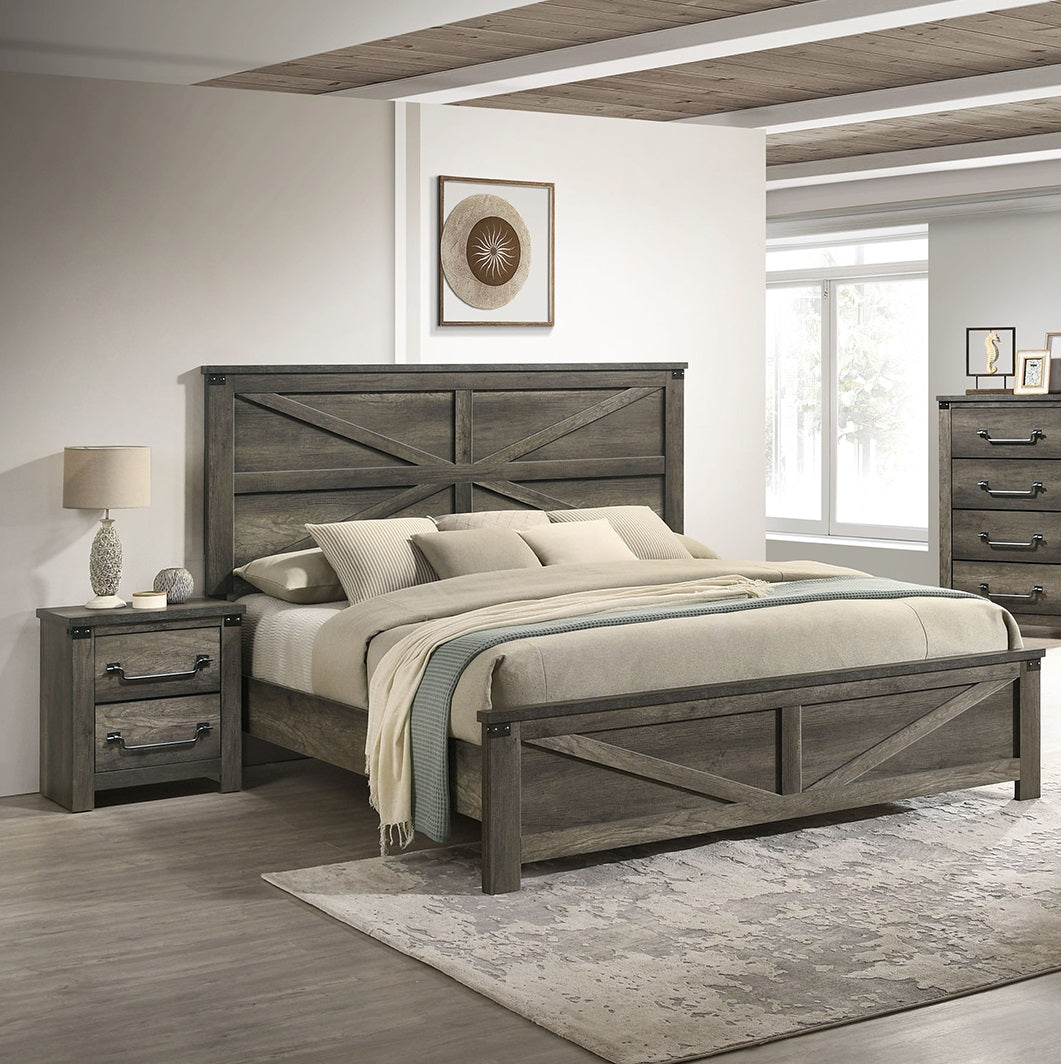 Rustic Gray 3pc Set Queen Size Bed 2x Nightstands Unique Design Headboard Bedroom Furniture Metal Accents