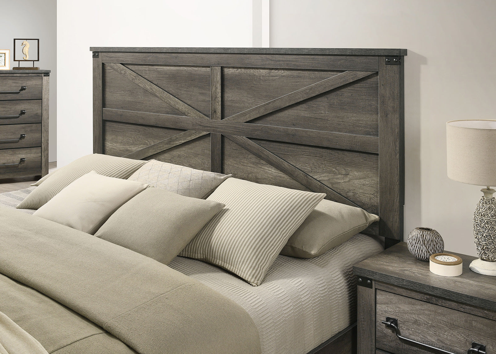 Rustic Gray 3pc Set Queen Size Bed 2x Nightstands Unique Design Headboard Bedroom Furniture Metal Accents