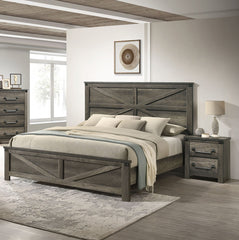 Rustic Gray 3pc Set Eastern King Size Bed 2x Nightstands Unique Design Headboard Bedroom Furniture Metal Accents