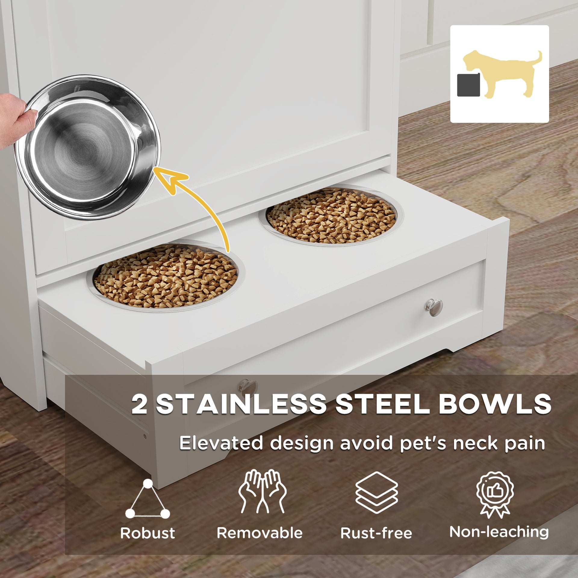 Pet Feeder Station Storage Cabinet, with Dog Raised Bowls, White