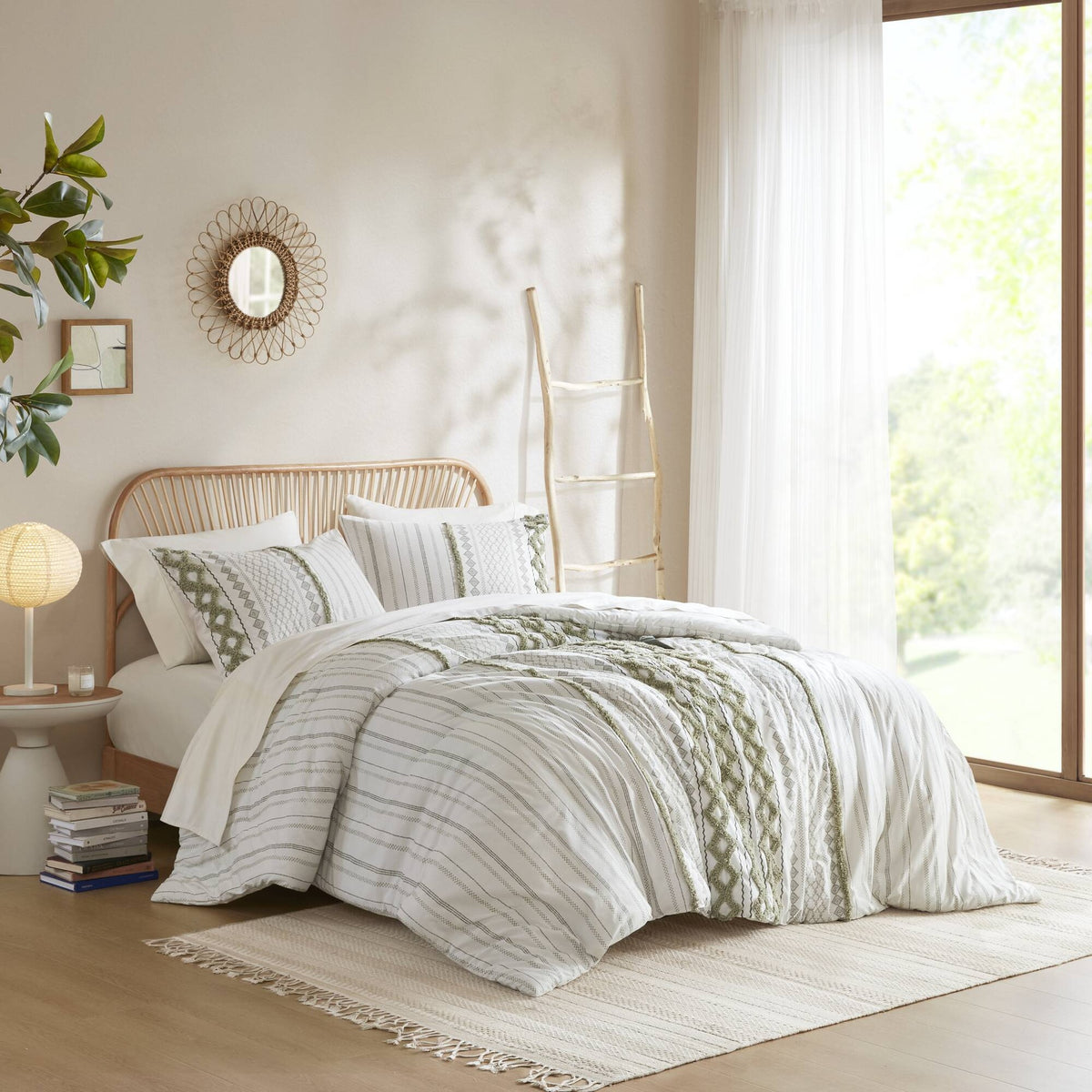 3 PCS King/Cal King Cotton Printed Duvet Cover Set with Chenille Sage/Ivory