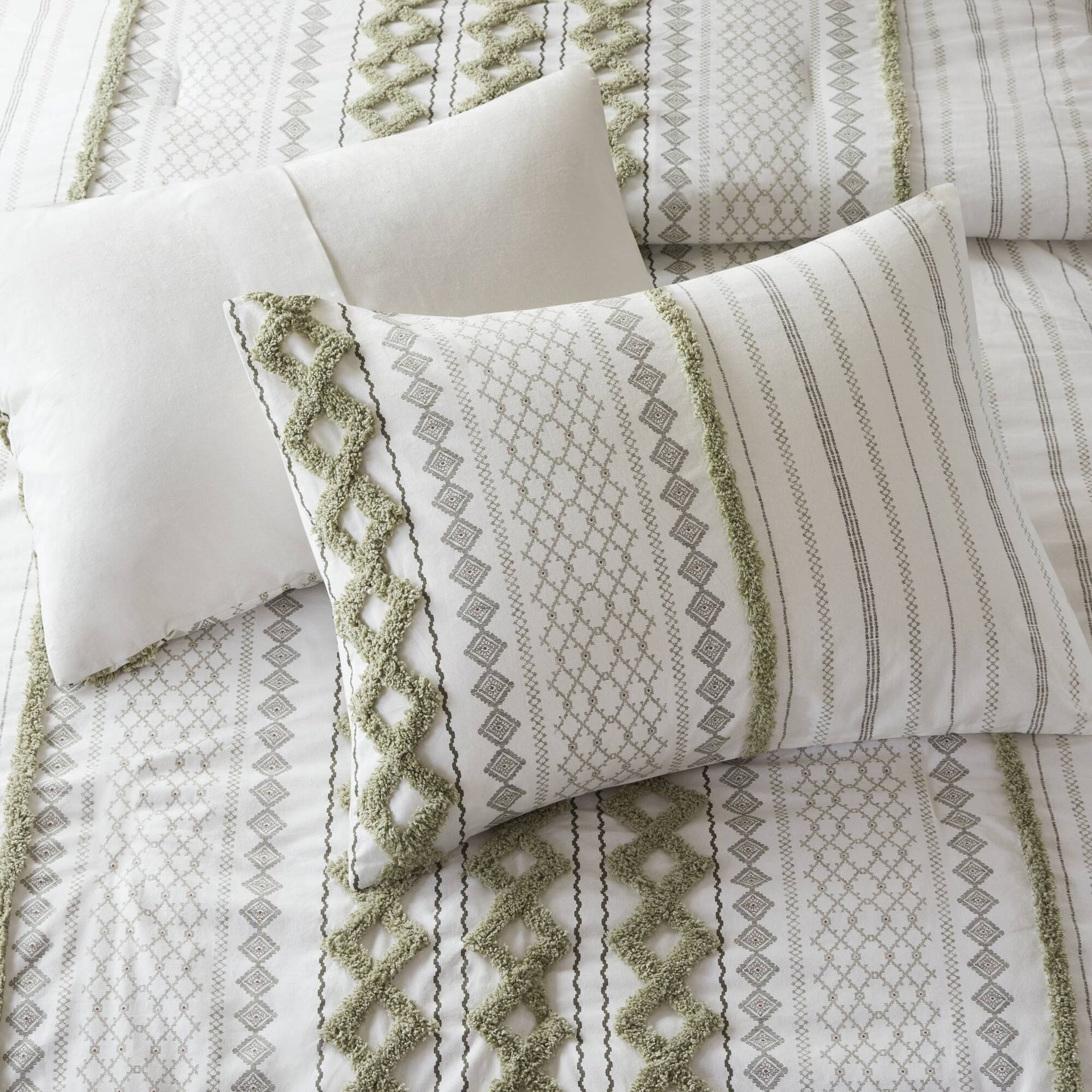 3 PCS King/Cal King Cotton Printed Duvet Cover Set with Chenille Sage/Ivory