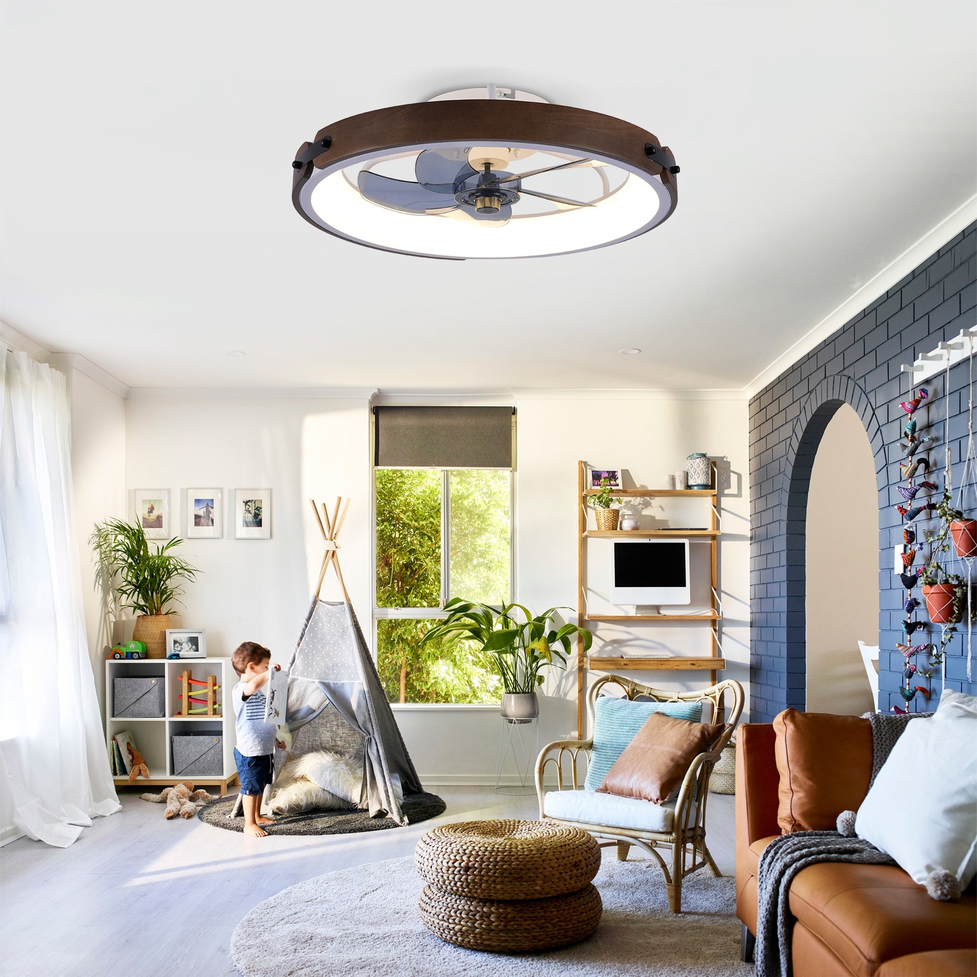 20" Ceiling Fans with Lights Kit (Led)  and Remote Control, 3000-6500K Dimmable Modern Flush Mount LED Fan Light, 6 Speeds, Quiet DC Motor For Living room, Bedroom,Kitchen----Wood+White