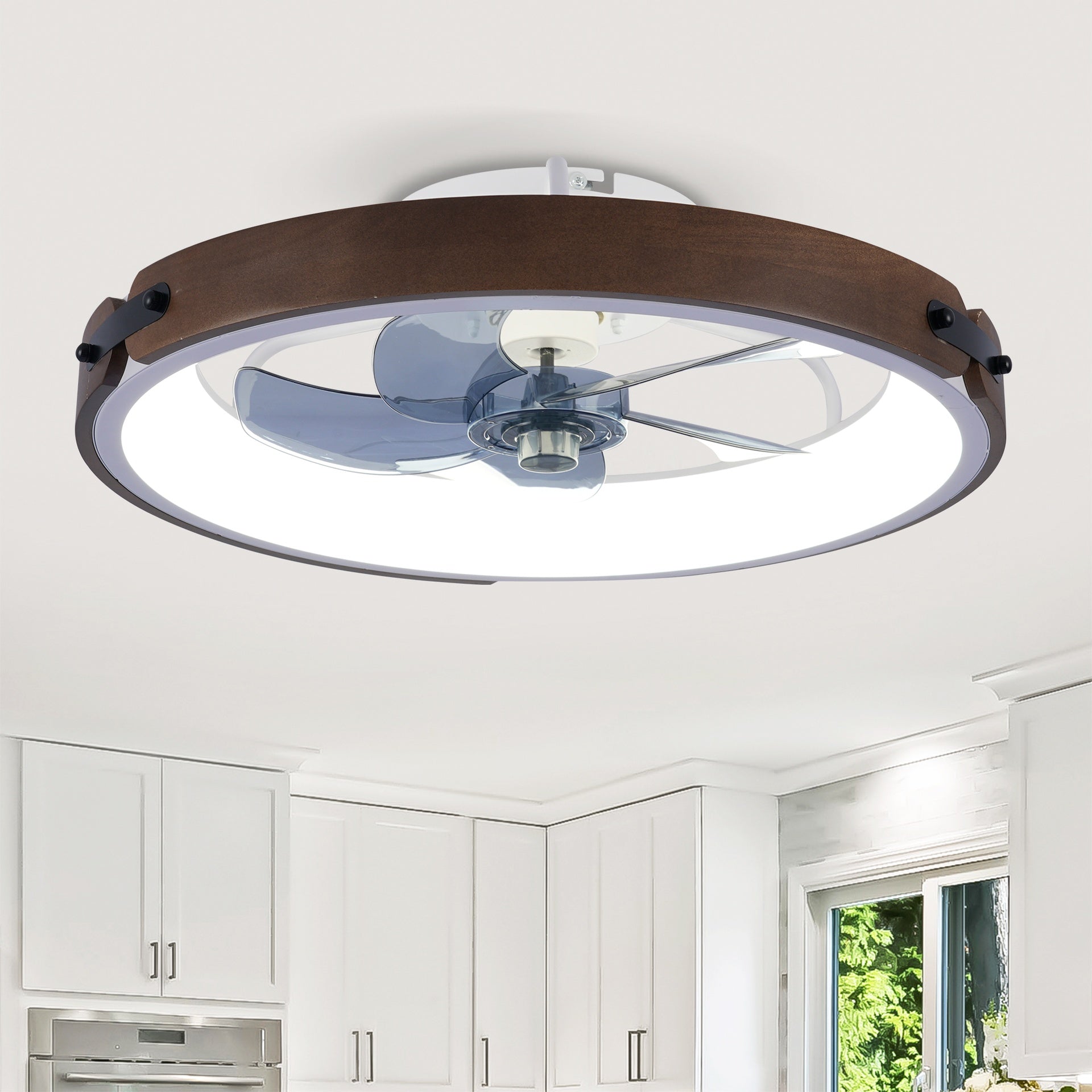 20" Ceiling Fans with Lights Kit (Led)  and Remote Control, 3000-6500K Dimmable Modern Flush Mount LED Fan Light, 6 Speeds, Quiet DC Motor For Living room, Bedroom,Kitchen----Wood+White