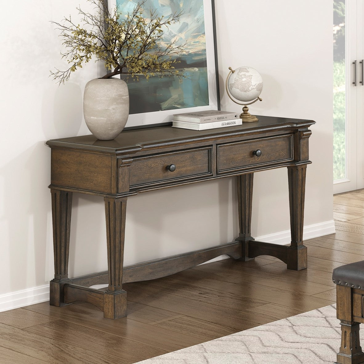 Classic Traditional Brown Finish Sofa Console Table with 2x Drawers Durable Wood Living Room Furniture 1pc