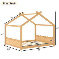 Queen House Floor Bed with Support Slats, Solid Wood House Bed Frame for Kids, No Box Spring Needed and Opening Constructure, Natural