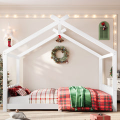 Queen House Floor Bed with Support Slats, Solid Wood House Bed Frame for Kids, No Box Spring Needed and Opening Constructure, White