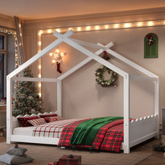 Queen House Floor Bed with Support Slats, Solid Wood House Bed Frame for Kids, No Box Spring Needed and Opening Constructure, White