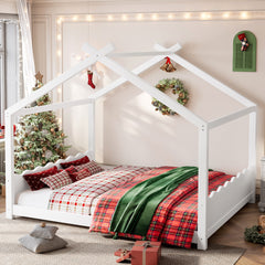 Queen House Floor Bed with Support Slats, Solid Wood House Bed Frame for Kids, No Box Spring Needed and Opening Constructure, White