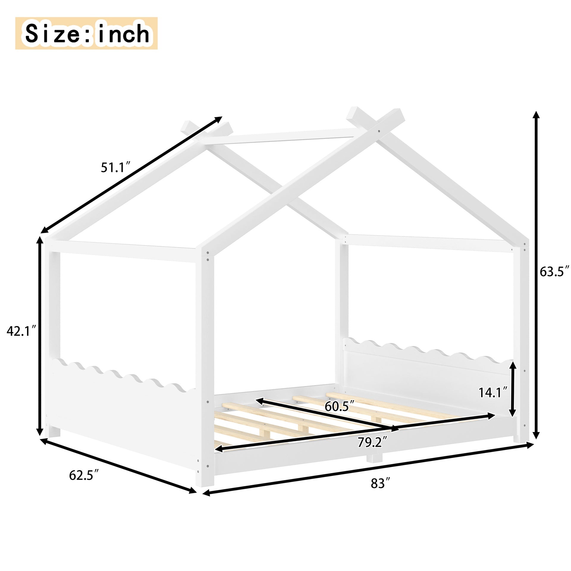 Queen House Floor Bed with Support Slats, Solid Wood House Bed Frame for Kids, No Box Spring Needed and Opening Constructure, White