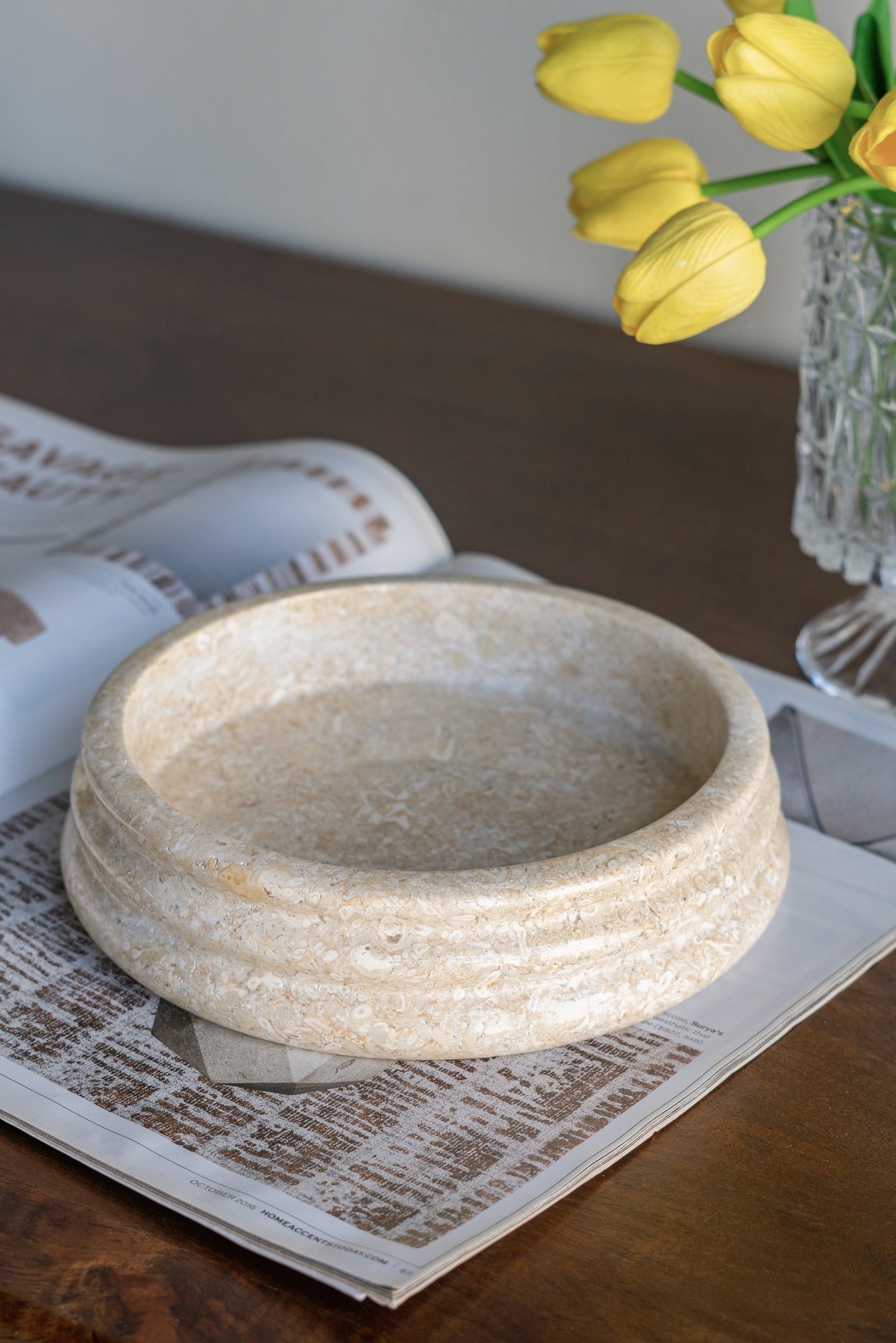 D8.5x2" Decorative Cream Marble Bowl with Round Ribbed Design