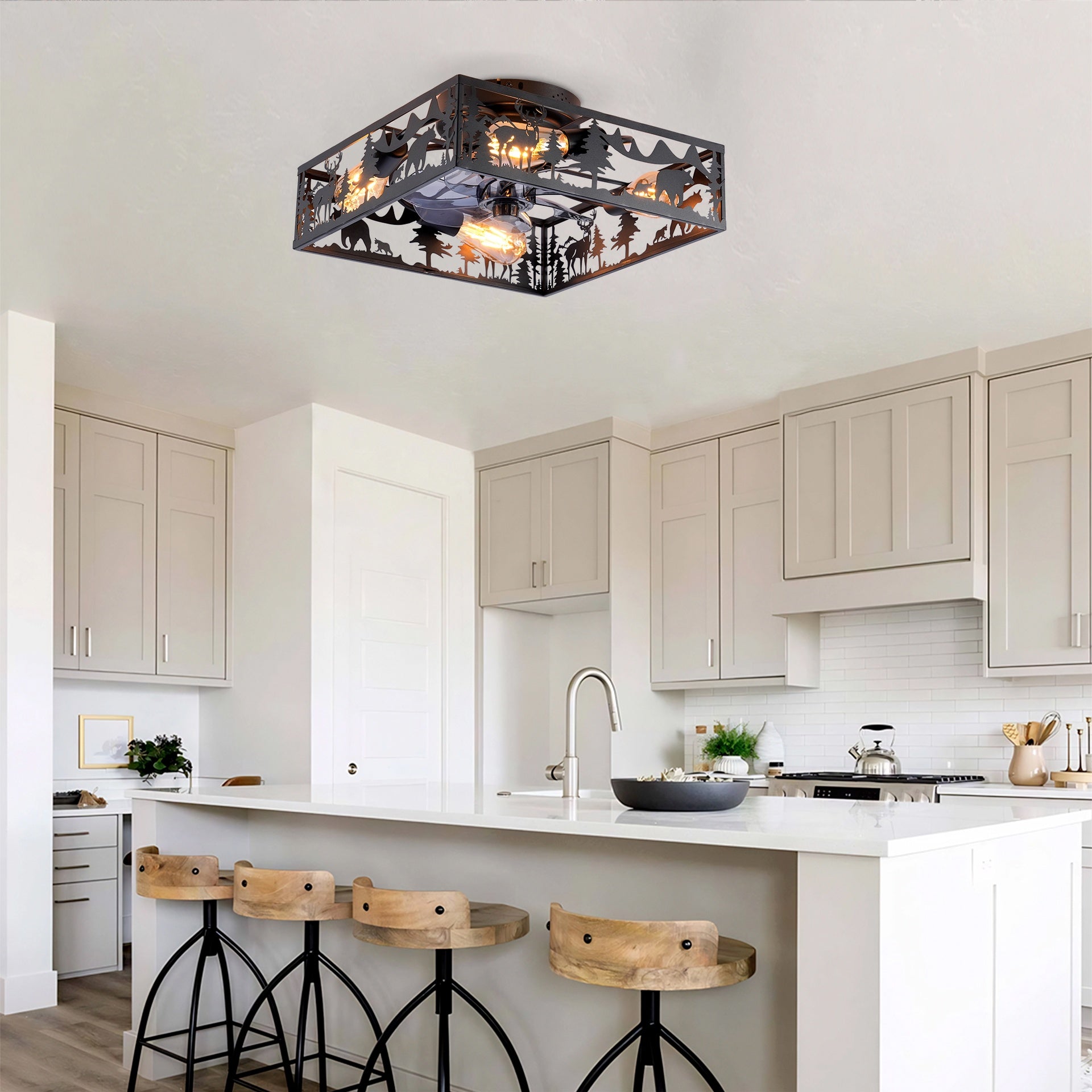 20'' Square Fabric Farmhouse Flush Mount Ceiling Fan .Bladeless Ceiling Fan 6 Speed Reversible with  Remote Control,Flush Mount  Ceiling Fan for Bedroom, Living Room--NOT Included Bulbs--Matte Black