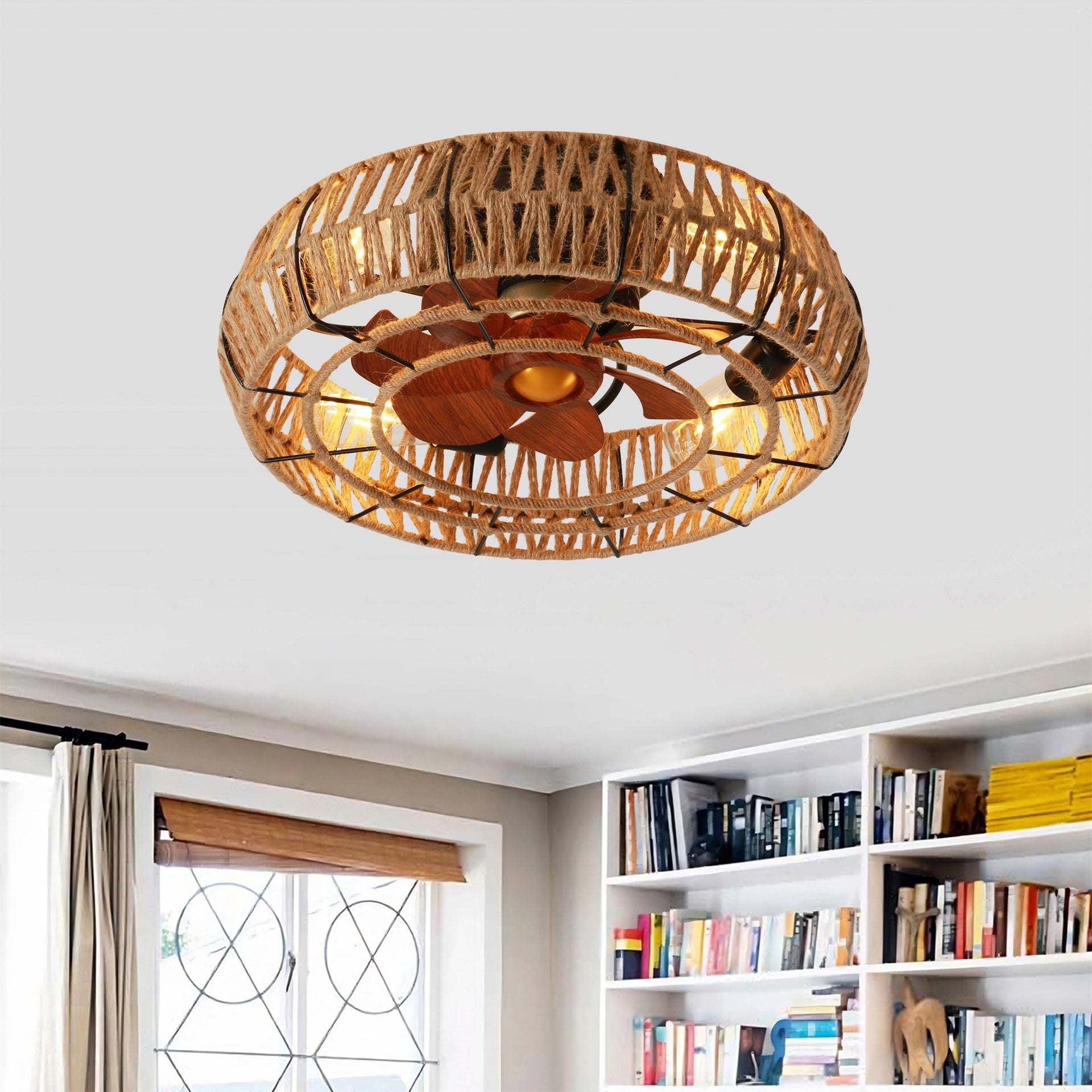 20"  Rope Caged  Flush Mount Ceiling Fan with Light Kit (NOT INCLUDED BULBS) ,With Remote Control, Low Profile Chandelier 6 Speed DC Motor Reversible Ceiling Fan For  Living Room Bedroom.--Matte Black