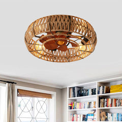 20"  Rope Caged  Flush Mount Ceiling Fan with Light Kit (NOT INCLUDED BULBS) ,With Remote Control, Low Profile Chandelier 6 Speed DC Motor Reversible Ceiling Fan For  Living Room Bedroom.--Matte Black
