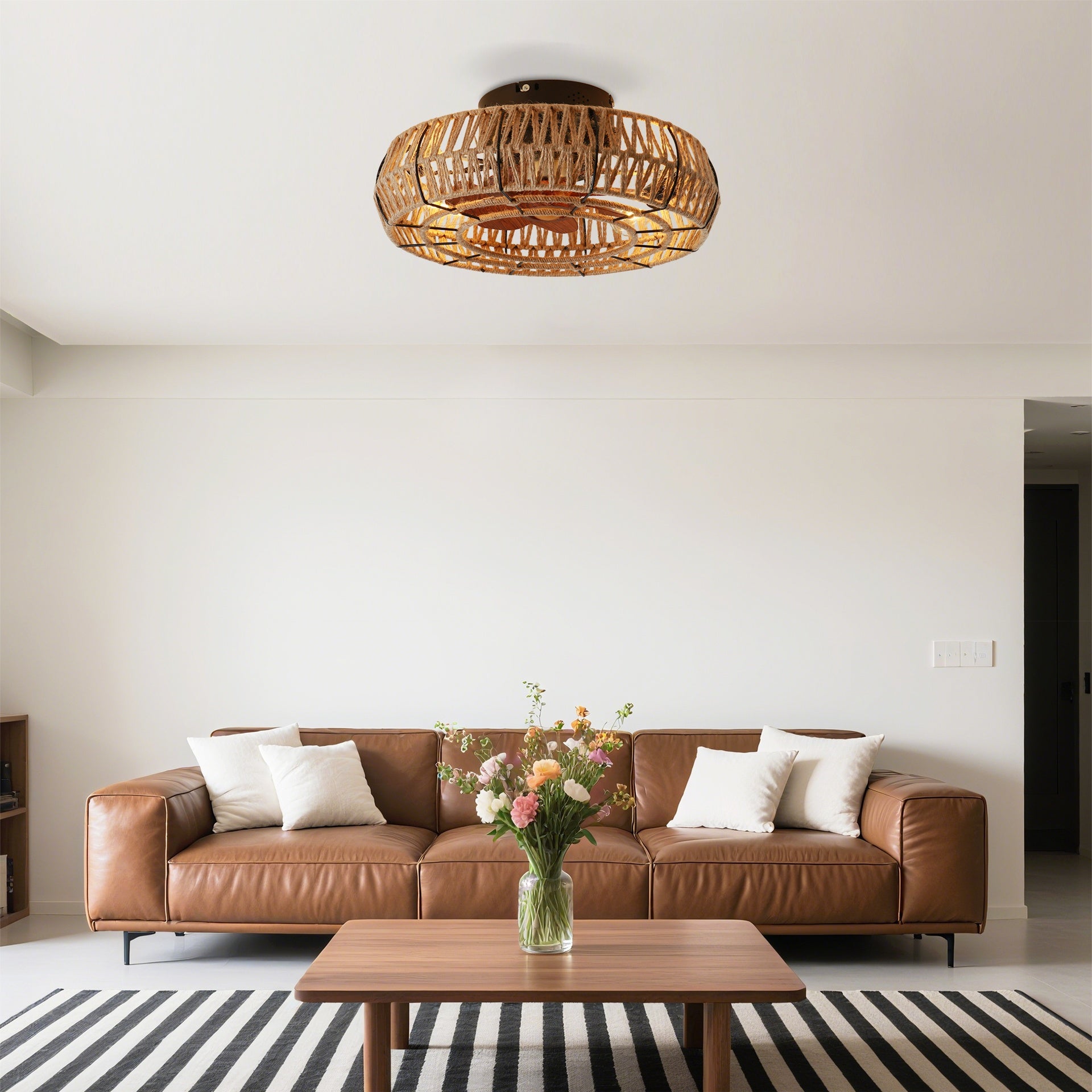 20"  Rope Caged  Flush Mount Ceiling Fan with Light Kit (NOT INCLUDED BULBS) ,With Remote Control, Low Profile Chandelier 6 Speed DC Motor Reversible Ceiling Fan For  Living Room Bedroom.--Matte Black