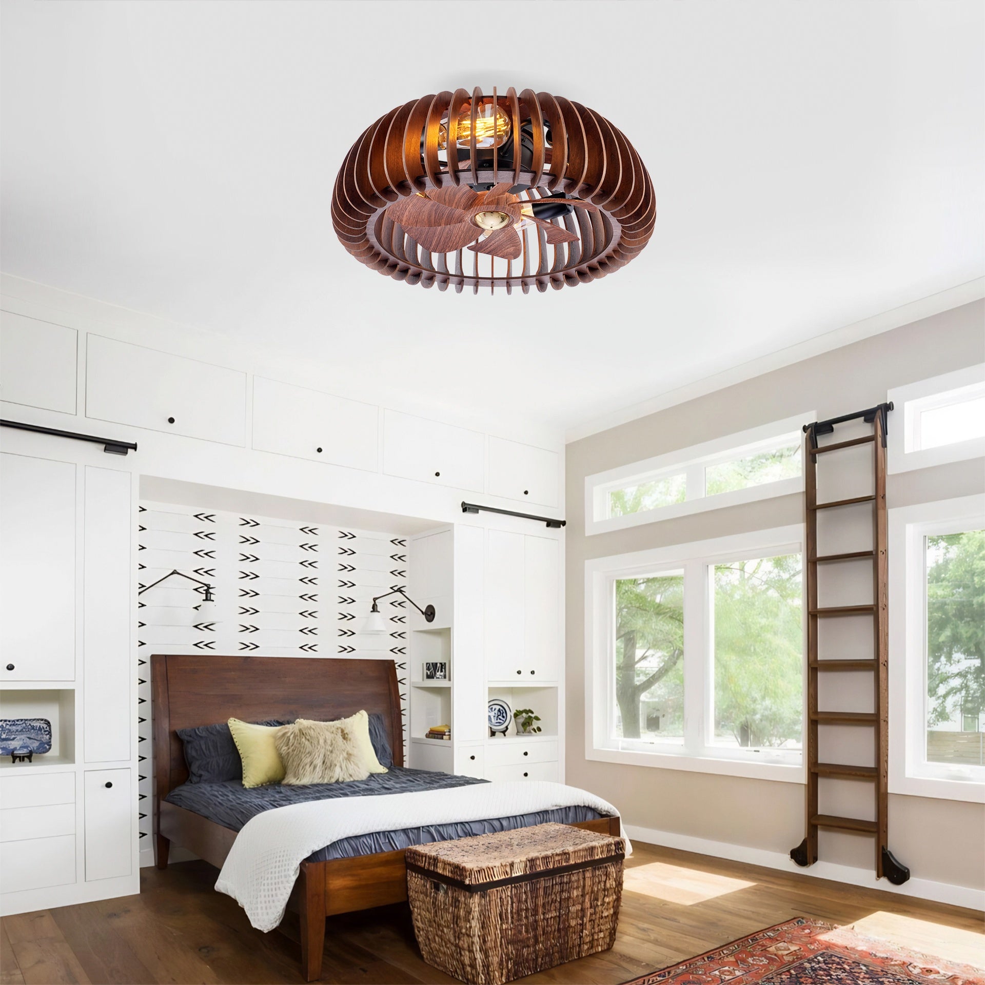 20" Semicircle Modern Flush Mount Fan Light,Ceiling Fans with Lights(NO INCLUDED BULBS) and Remote Control, 6 Speeds, Quiet DC Motor For Living room, Bedroom,Kitchen----Wood