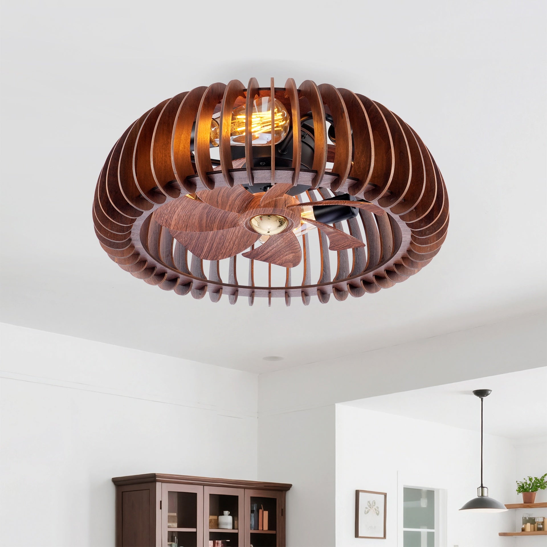 20" Semicircle Modern Flush Mount Fan Light,Ceiling Fans with Lights(NO INCLUDED BULBS) and Remote Control, 6 Speeds, Quiet DC Motor For Living room, Bedroom,Kitchen----Wood