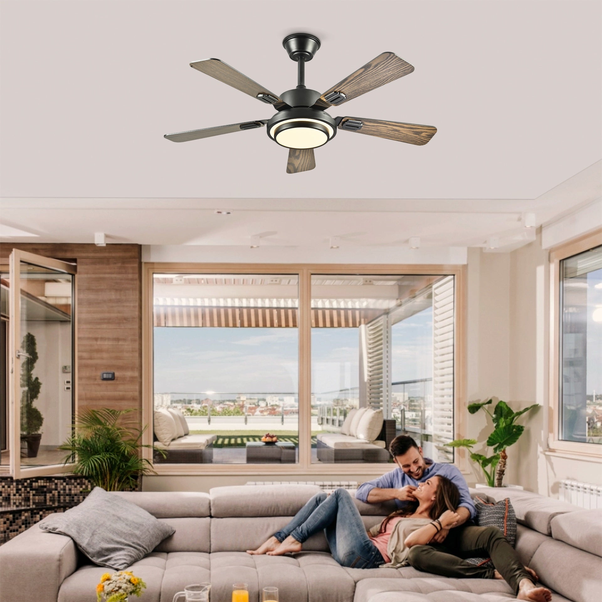 42" 5PCS  Plywood Blades Ceiling Fan with LED  Light 3000-6500K Dimmable,Quiet DC Motor  Ceiling Fans 6 Speed Levels,Reversible Ceiling Fan,for Patio Living Room, Bedroom, Office,Indoor.(Matte Black)
