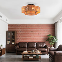 20" Double Tier Rope Caged  Flush Mount Ceiling Fan with Light Kit (NOT INCLUDED BULBS) ,With Remote Control, Low Profile Chandelier 6 Speed DC Motor Reversible Ceiling Fan For  Living Room Bedroom.