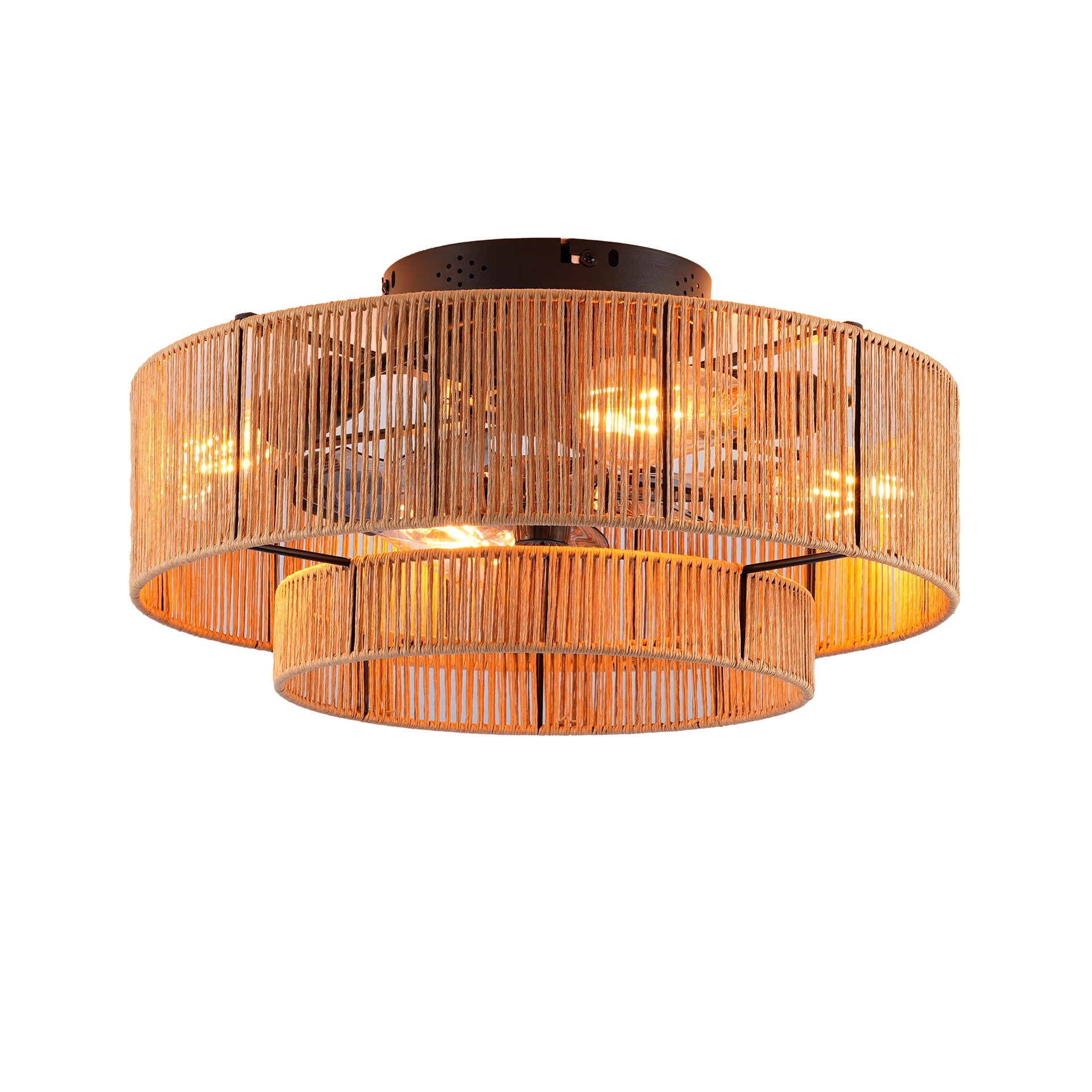20" Double Tier Rope Caged  Flush Mount Ceiling Fan with Light Kit (NOT INCLUDED BULBS) ,With Remote Control, Low Profile Chandelier 6 Speed DC Motor Reversible Ceiling Fan For  Living Room Bedroom.