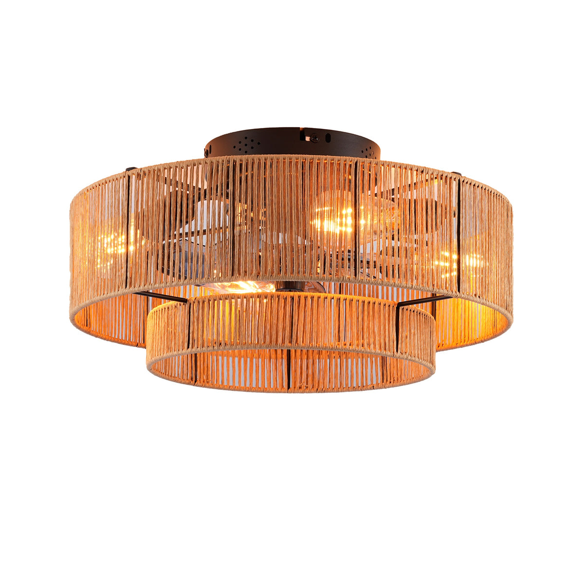 20" Double Tier Rope Caged  Flush Mount Ceiling Fan with Light Kit (NOT INCLUDED BULBS) ,With Remote Control, Low Profile Chandelier 6 Speed DC Motor Reversible Ceiling Fan For  Living Room Bedroom.