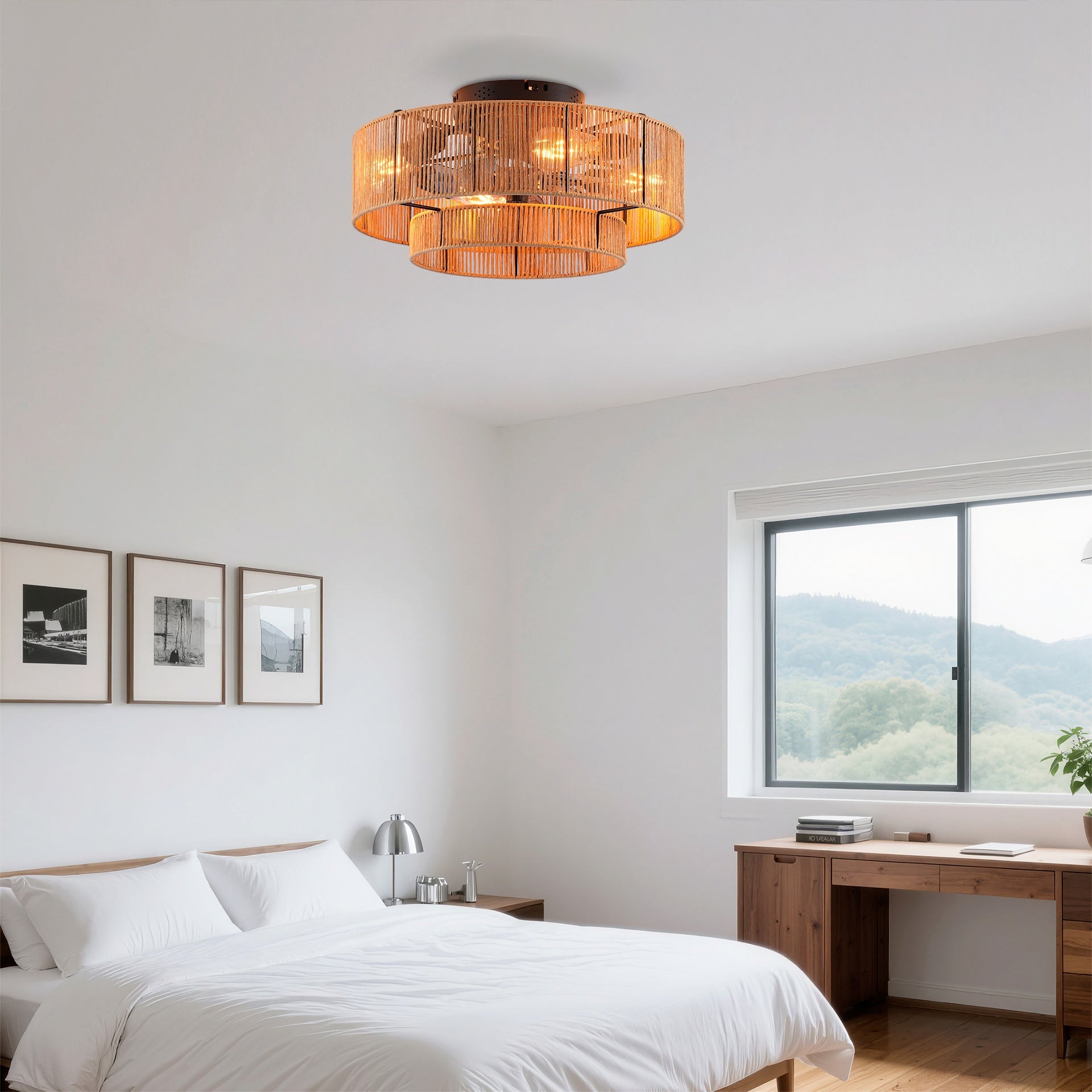 20" Double Tier Rope Caged  Flush Mount Ceiling Fan with Light Kit (NOT INCLUDED BULBS) ,With Remote Control, Low Profile Chandelier 6 Speed DC Motor Reversible Ceiling Fan For  Living Room Bedroom.