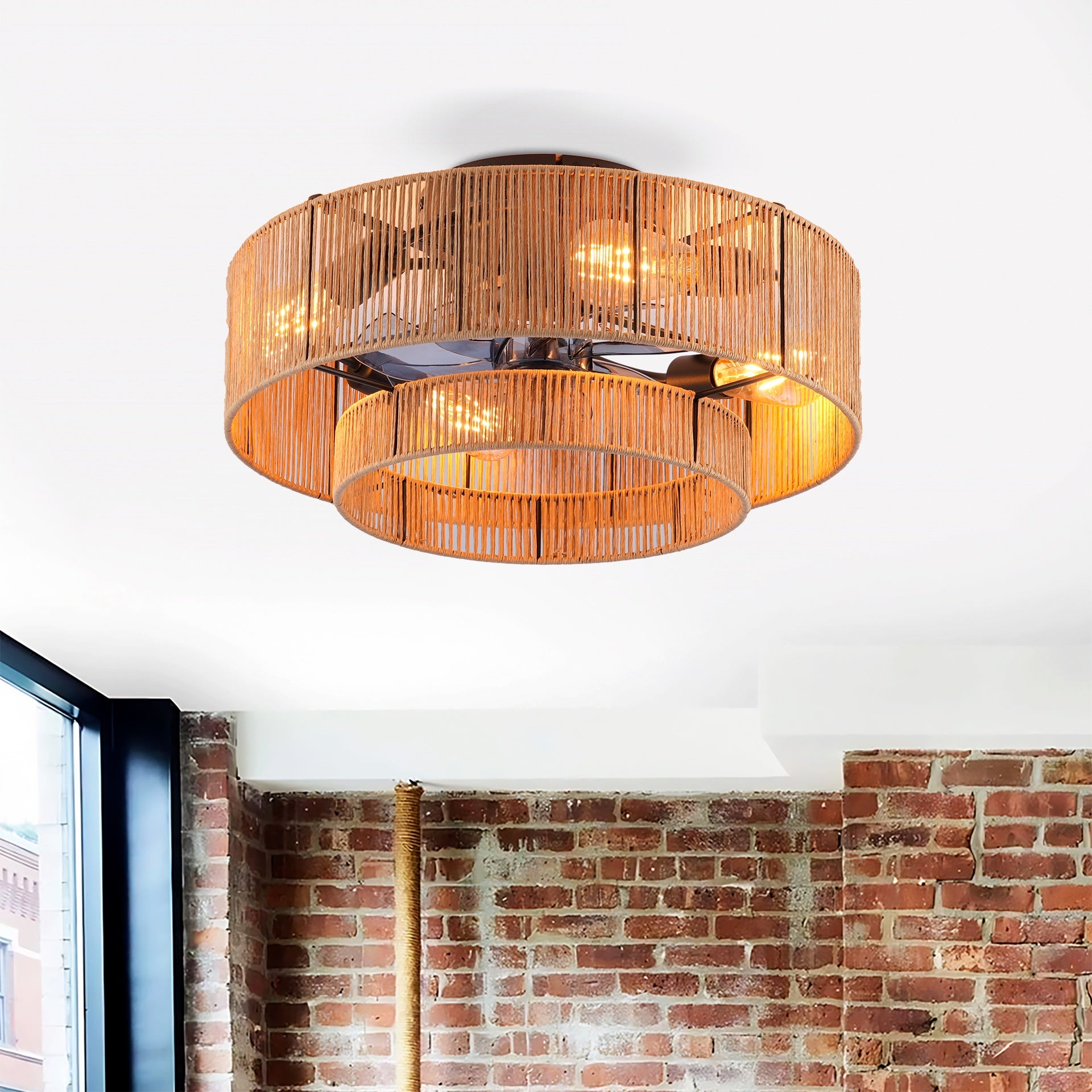 20" Double Tier Rope Caged  Flush Mount Ceiling Fan with Light Kit (NOT INCLUDED BULBS) ,With Remote Control, Low Profile Chandelier 6 Speed DC Motor Reversible Ceiling Fan For  Living Room Bedroom.
