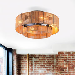 20" Double Tier Rope Caged  Flush Mount Ceiling Fan with Light Kit (NOT INCLUDED BULBS) ,With Remote Control, Low Profile Chandelier 6 Speed DC Motor Reversible Ceiling Fan For  Living Room Bedroom.