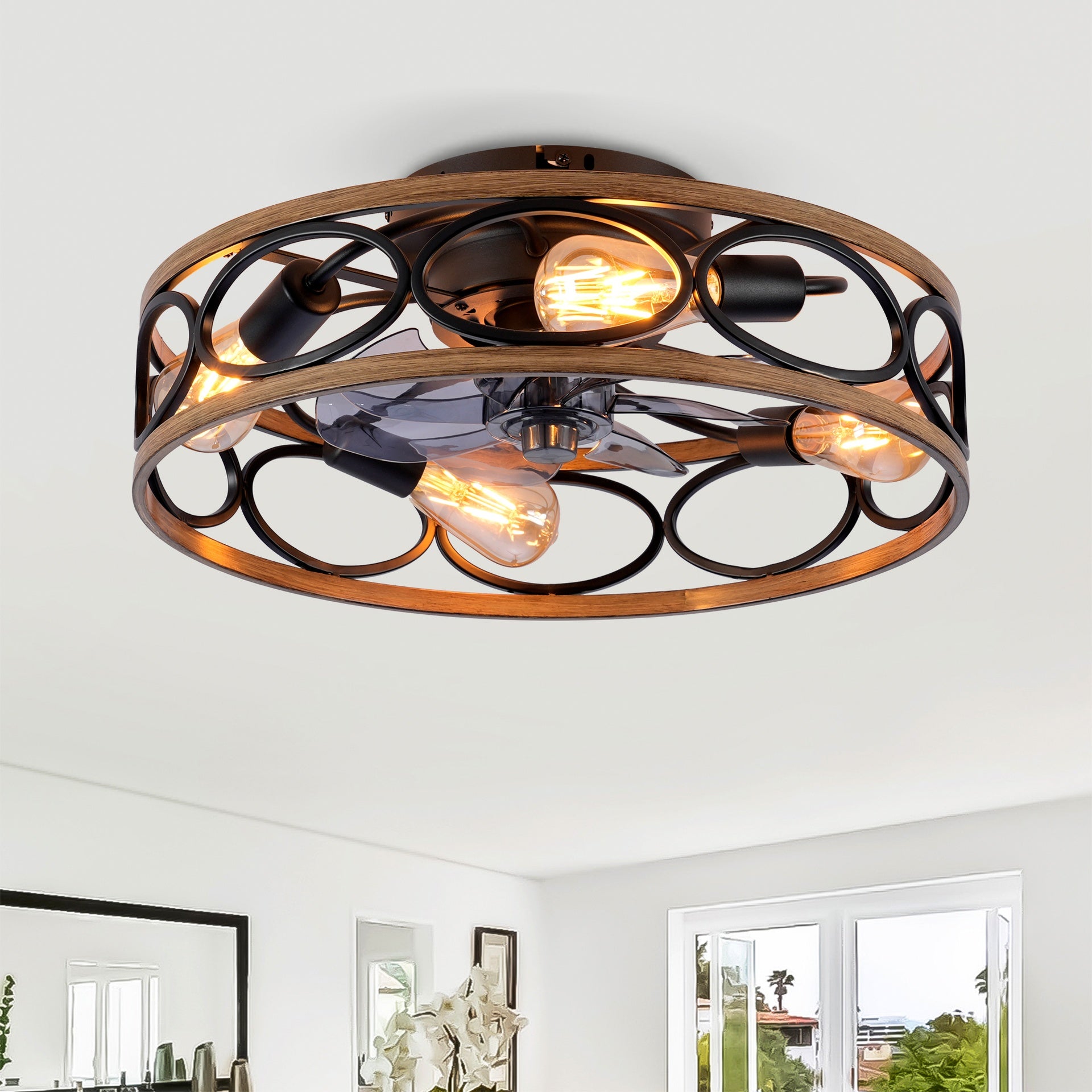 20 '' 7 Blades Caged  Ceiling Fan with Remote Control ,Flush Mount Ceiling Fan with Light Kit ,Reversible Motor, DC Remote Control,6 Speed Ceiling Fan,Timing Fan Lamp--NOT Included Bulbs(Matte Black )