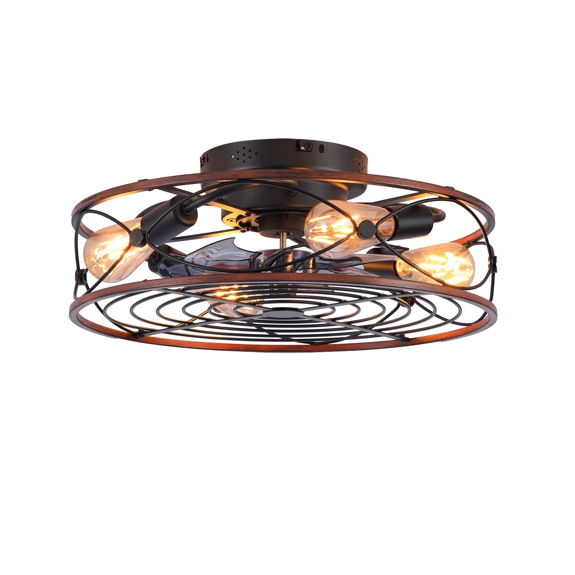 20'' Mounting Type Caged  Ceiling Fan with Lights and Remote Control  ,Reversible Motor, DC Remote Control,6 Speed Ceiling Fan,Timing Fan Lamp--NOT Included Bulbs(Matte Black + Wood)